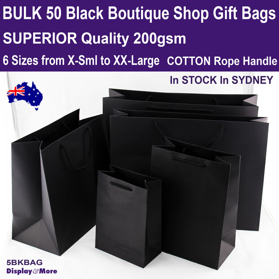 50 Paper Bags | Retail GIFT Shop | BLACK | 6 Sizes