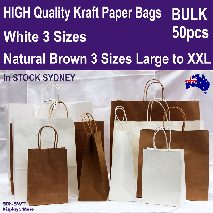 BROWN WHITE KRAFT SMALL LARGE PAPER CARRIER BAGS WITH HANDLES 50 100 PARTY GIFT 