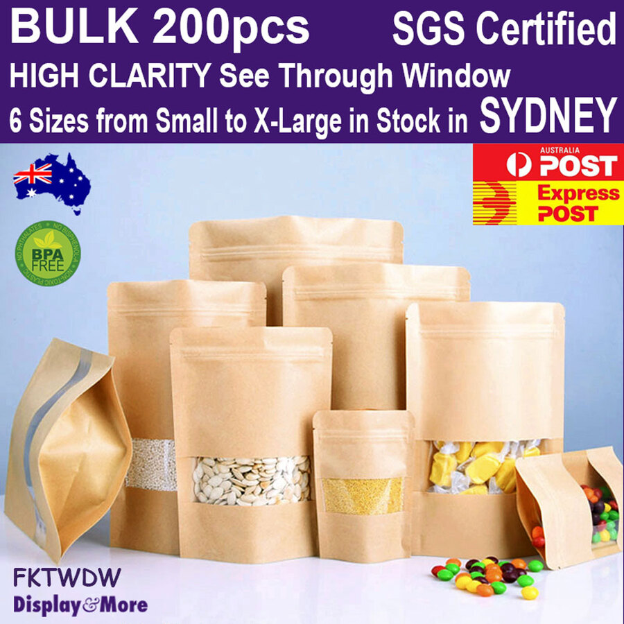 100 Kraft Paper Food Pouches Zip Lock Stand Up W Window