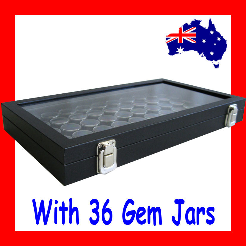 Gemstone Opal Display Storage Case 36 Gem Jars GLASS Lid