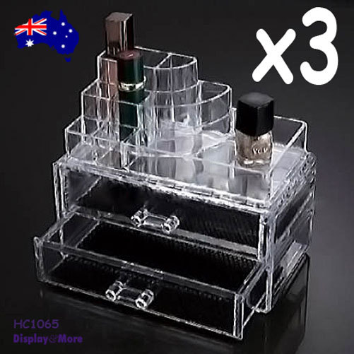 Makeup Holder COSMETIC Organiser | 3 sets | W/2-Drawers | CLEAR Acrylic