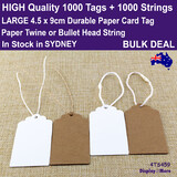 1000 Swing Tags KRAFT Paper Price Label 4.5 x 9cm + 1000 Strings