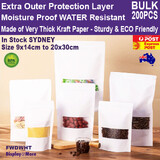 200 FOOD Pouch Kraft Paper WHITE | Zip Seal Stand Up w/ WINDOW