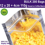 200 Mylar FOOD Pouches | Clear Silver STAND UP | 12 x 20 + 4cm