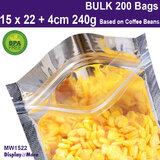 200 Mylar FOOD Pouches | Clear Silver STAND UP | 15 x 22 + 4cm