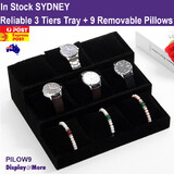 WATCH Display Tray 3 Tiers with 9 Removable Pillows | Black Velvet
