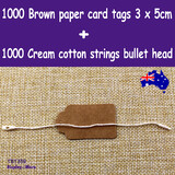 1000 Paper Price Tag 3 x 5cm Brown + 1000 Bullet Head Cotton String Cream