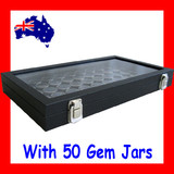 Gemstone opal Display Case with 50 Gem Jars | GLASS Lid | Black